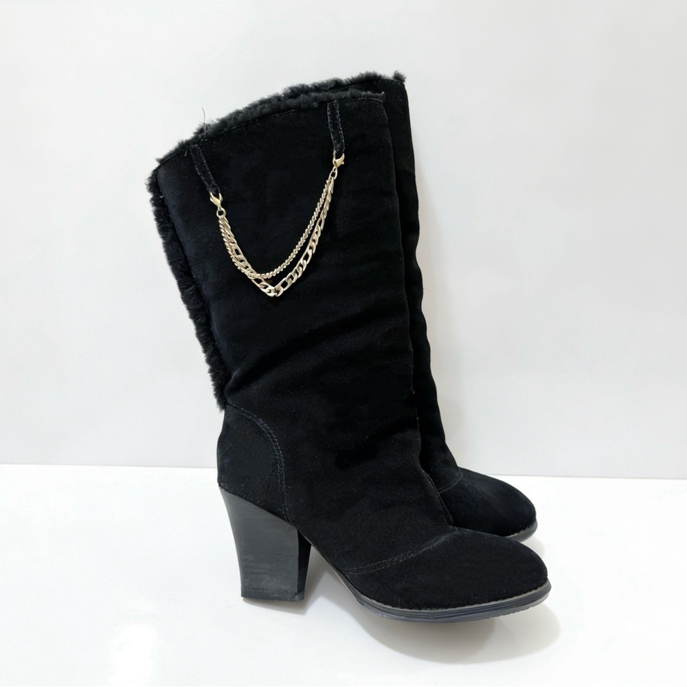 Melani Women’s Black Suede Mid-Calf Boots, Block Heel, Fur Lined, Gold Chain 37